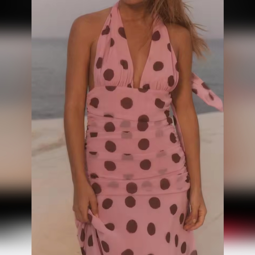 Polka Dot Printing Halter Maxi Dress WomenElegant Sleeveless Backless Skinny - Picture 4 of 10